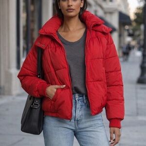 NWT Lucky Brand Red Puffer jacket coat zip through neck hood pockets Size M